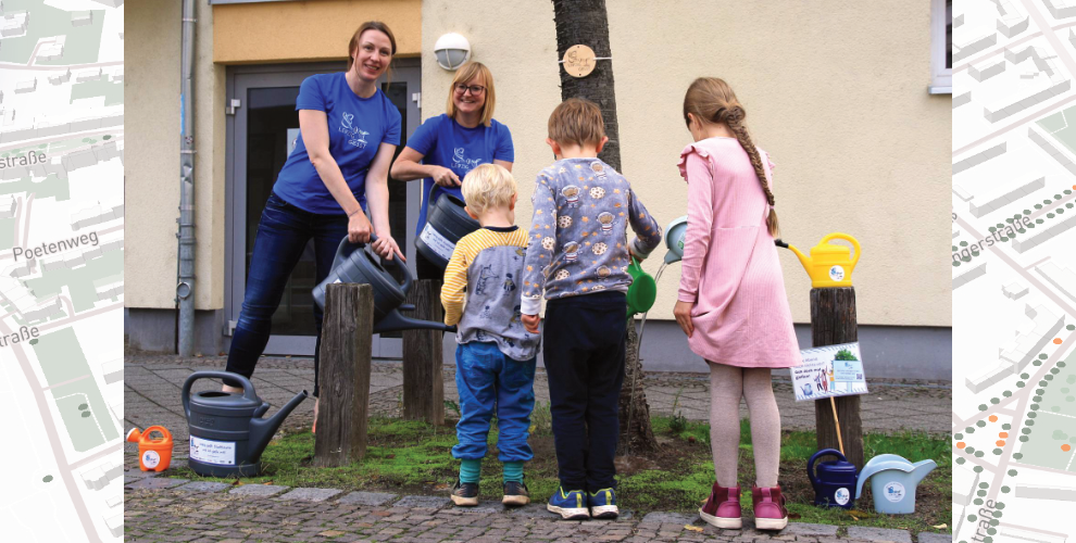 Kinder gießen Straßenbäume